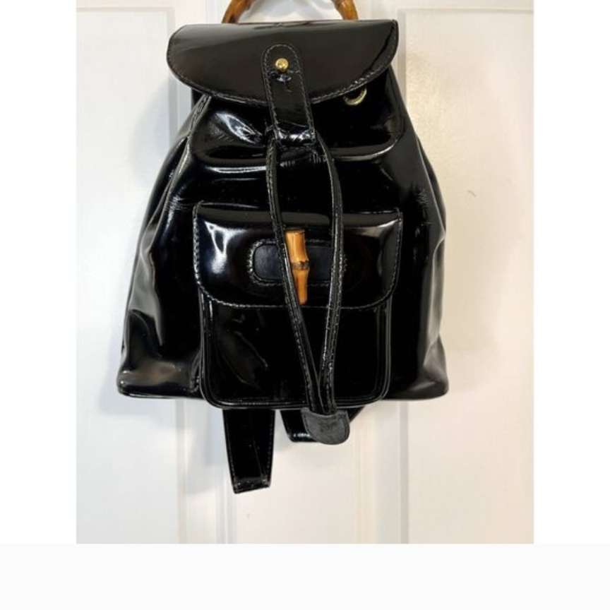 Vintage Gucci Bamboo Handle Black Patent Leather Backpack Y2k